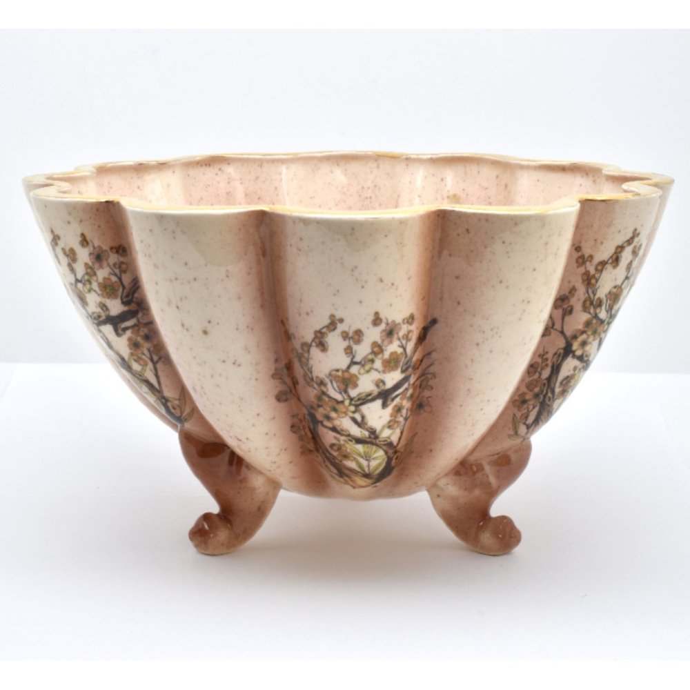 Vintage Scalloped 3 Footed Ceramic Bowl, Gold Trim, Dogwood Transferware